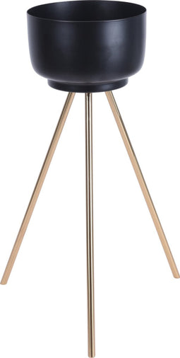 Bloempot op voet mat zwart met gouden voet - metaal - 55 cm - zwarte bloempot