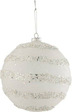 J-Line kerstbal Lijnen Glitter + Parels - glas - wit/zilver - extra large - 6 stuks