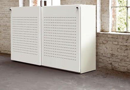 Akoestische schuifdeurkast breed 200CM diep 48CM hoogte 122CM bladkleur Robson Eiken framekleur Licht grijs (Ral 7035)