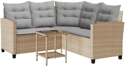 vidaXL - Tuinbank - met - tafel - en - kussens - L-vormig - beige - poly - rattan