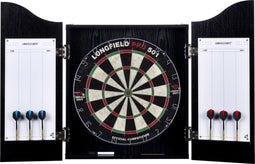 Longfield Darts - Houten Cabinet - Dartbord met 6 Steeltip Pijlen en Whiteboard - Zwart Hout Fineer
