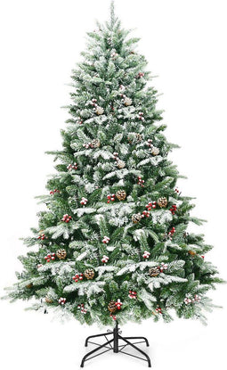 Costway Kunstmatige Kerstboom - Besneeuwd met Dennenappels & Rode Bessen - 195 cm - Groen