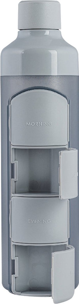 YOS Waterfles - Drinkfles met Pillendoos 1 Dag - Medicijndoos voor Medicatie en/of Supplementen - Medicijndoosje 1 Dag - 4 compartimenten - Waterfles - Waterfles met aankoppelbare Pillendoos 1 Dag - Grijs