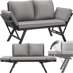 tectake® 2-in-1 Wicker Loungesofa Sintra - Ligbed met Verstelbare Leuningen - UV- en Weerbestendig - Lichtgrijs/Zwart