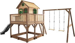 AXI Liam Speelhuis in Bruin/Groen - Met Dubbele Schommel, Grijze Glijbaan en Zandbak - Speelhuisje op palen met veranda - FSC hout - Speeltoestel voor de tuin