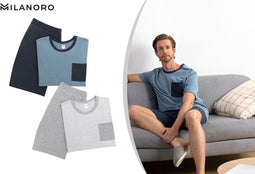 Milanoro - Katoenen zomerpyjama voor heren - Blauw - XL