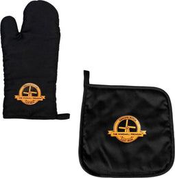The Windmill Premium Ovenhandschoen en Pannenlap Set - Zwart met Oranje Accenten - 33 cm & 20x20 cm