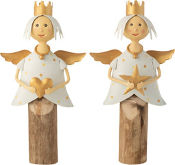 J-Line figuur Engel Ster Hart Op Voet - ijzer/hout - wit/goud - 2 stuks