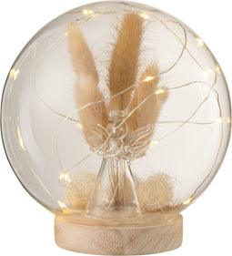 J-Line decoratie Stolp Bol Engel - glas/hout - naturel - large - LED lichtjes