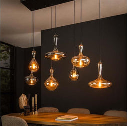 Hanglamp van 7 Karaf Lampen - Amber/Zwart - Artic Black Finish - Glas - Woonkamer - Keuken - Hanglamp - In Hoogte Verstelbaar tot 150 cm - Exclusief Lichtbron - Voedingstype Netstroom