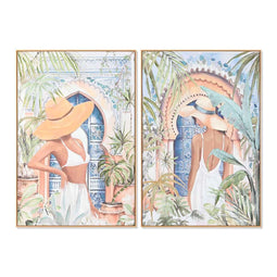 Schilderij Home ESPRIT Blauw Bruin Groen Beige Tropisch chica 80 x 3,5 x 120 cm (2 Stuks)