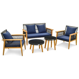 Coast 5-Delige Rotan Buitenmeubelset - 2 Stoelen Loveseat 2 Salontafels - Marineblauwe Kussens