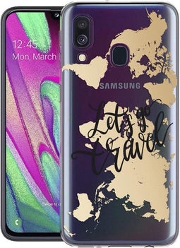 iMoshion Design voor de Samsung Galaxy A40 hoesje - Let's Go Travel - Zwart / Goud