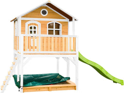 AXI Marc Speelhuis in Bruin/Wit - Met Verdieping, Limoen Groene Glijbaan en Zandbak - Speelhuisje voor de tuin / buiten - FSC hout - Speeltoestel voor kinderen