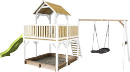 AXI Atka Speeltoestel in Bruin/Wit - Speeltoren met Roxy Nestschommel, Limoen Groene Glijbaan en Zandbak - FSC hout - Speelhuis op palen voor de tuin