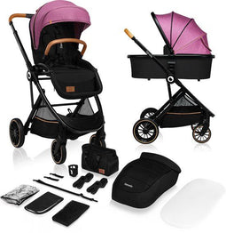 Lionelo Riya - Kinderwagen 2 in 1 - Wieg + Wandelwagen - XXL Zonnekap - Verstelbare Rugleuning - Roze Violet
