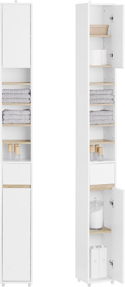 SoBuy BZR34-WN - Hoge Badkamerkast - Smalle Opbergkast met Lade en Verstelbare Planken - Wit en Houtkleur