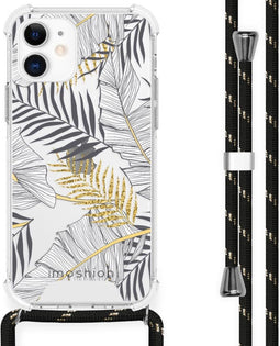 iMoshion Hoesje Geschikt voor iPhone 12 Mini Hoesje Met Koord - iMoshion Design Hoesje met Koord - Goud / Zwart / Transparant / Glamour Botanic