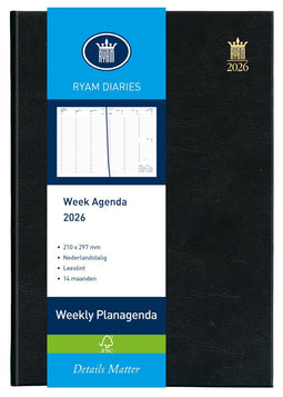 Ryam - Bureau agenda - 14 maanden - A4 - Genaaid gebonden - Zwart