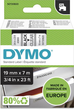 DYMO D1 - Labeltape - Zwart op Doorzichtig - 19 mm x 7 m (1 stuk)