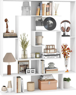 Coast Stijlvolle 7-Laagse Boekenkast 125 x 22 x 150 cm – Wit met Geometrisch Design en Anti-Kantel B