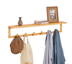 SoBuy FHK06-N - Wandkapstok - Houten Muurhanger met Plank & 6 Haken - Naturel