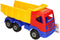 Speelgoed rood/geel/blauwe kiepwagen auto voor jongens 41 cm - Buiten/binnen speelgoed auto's - Vrachtwagen met laadklep/oplegger