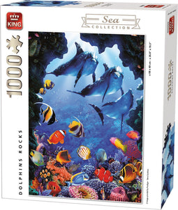 King Puzzel - 1000 Stukjes - Dolphins Rocks - Koraalrif (68 x 49 cm) - Blauw Rood Geel Zwart