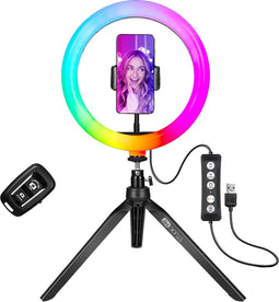 Studio ME - Multicolor Ringlamp - 10 inch/25 cm - RGB - Statief - Bluetooth - Afstandsbediening - USB