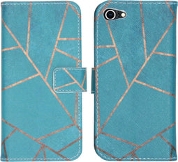 iMoshion Hoesje Geschikt voor iPhone 7 / 8 / SE (2020) / SE (2022) Hoesje Met Pasjeshouder - iMoshion Design Softcase Bookcase - Goud / Blauw / Blue Graphic