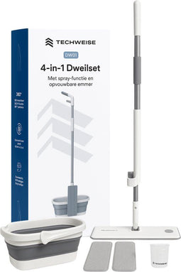 Techweise 4-in-1 Dweilsysteem - Dweilset met Sprayfunctie - Opvouwbare Emmer - Wit Grijs