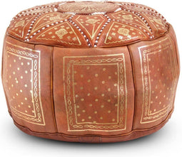 Safaary - Marokkaanse Poef Leer Naturel met Goud Rond