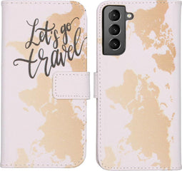 iMoshion Hoesje Geschikt voor Samsung Galaxy S21 Hoesje Met Pasjeshouder - iMoshion Design Softcase Bookcase - Wit / Meerkleurig / Goud / Let's Go Travel White
