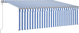 vidaXL - Luifel - met - rolgordijn, - LED - en - windsensor - 4,5x3 - m - blauw - en - wit