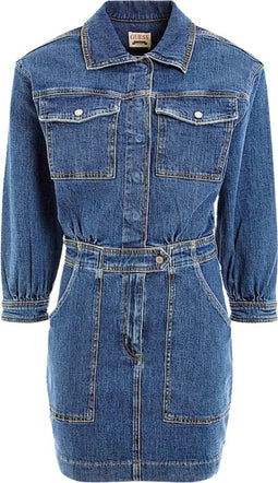 Guess Eliza Mini Jeans Jurk - Overhemdkraag - Cargo zakken - Blauw - Maat XS