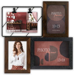ZEP - Houten multi Fotolijst Ercolano in zwart metaal en bruin voor 3 foto's 10x15 en 1 foto 13x18 cm (afmeting 35 x 36 cm) - DN473