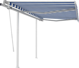 vidaXL - Luifel - handmatig - uittrekbaar - met - palen - 3x2,5 - m - blauw - en - wit