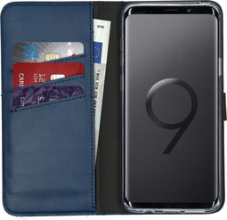 Selencia Hoesje Geschikt voor Samsung Galaxy S9 Plus Hoesje Met Pasjeshouder - Selencia Echt Lederen Bookcase - Blauw