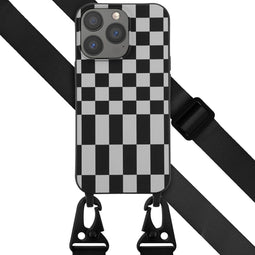 Selencia Hoesje Geschikt voor iPhone 13 Pro Hoesje Met Koord - Selencia Siliconen design hoesje met afneembaar koord - Zwart / Irregular Check Black