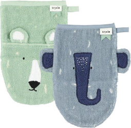 Trixie Washandje 2-pack | Mr. Polar Bear - Mrs. Elephant - 14 x22cm - Biologisch Katoen - Zachte Badstof