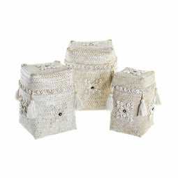 Basket spelset DKD Home Decor Wit Bamboe Schelpen (24 x 24 x 30 cm) (3 Onderdelen)