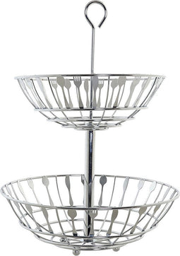 Zilveren ronde fruitschaal etagere 2-laags bestekpatroon 40 cm - Keukenaccessoires/benodigdheden - Fruitschalen/fruitmanden - Fruitschalen van metaal