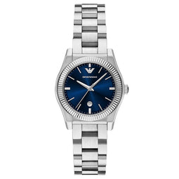 Emporio Armani Dames Horloge - Polshorloge 32 mm - Zilverkleurig met diepblauwe wijzerplaat