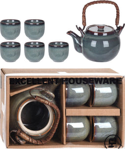Theeset - 5 Delig - Theepot en 4 bekers - Aardewerk