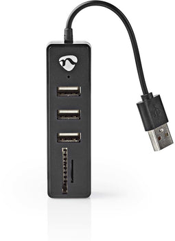 Nedis UHUBCU2340BK - USB Hub - 3x USB 2.0 type-A met SD/microSD-kaartlezer - Zwart