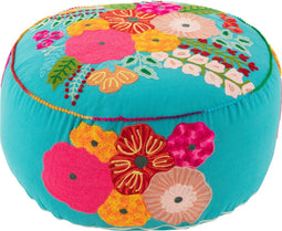 J-Line poef rond bloemen geborduurd - katoen/polyester - blauw