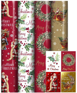 Kerstmis Assortiment Cadeaupapier - Set van 4 Rollen 4m x 70cm - Inclusief Naamlabels - Multikleur