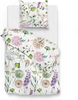 Zohome Dekbedovertrek Nessa - Bedlinnen met Bloemen print - 140x220 - Wit - Dekbedhoes van 100% Katoen-Flanel