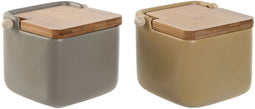 Zoutvaatje met deksel Home ESPRIT Beige Grijs Natuurlijk Bamboe Dolomite 15 x 12 x 11 cm (2 Stuks)