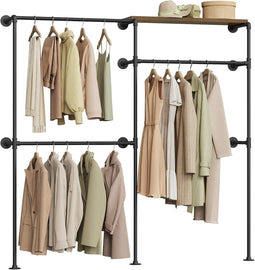 Woltu Wandgarderobe - Open Kledingrek met 3 Rails en Bovenplank - 192,5 x 33,5 x 186 cm - Zwart en vintage bruin